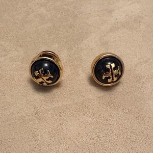 Tory Burch Gold and Black Logo Stud Earrings